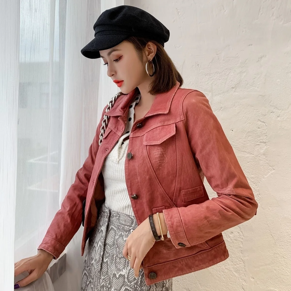 

2023Leather jacket,Fashion Real Leather Jackets Women Spring AutumnGenuine Sheepskin Coat Female Motorcycle Woman Jacket Cuero G