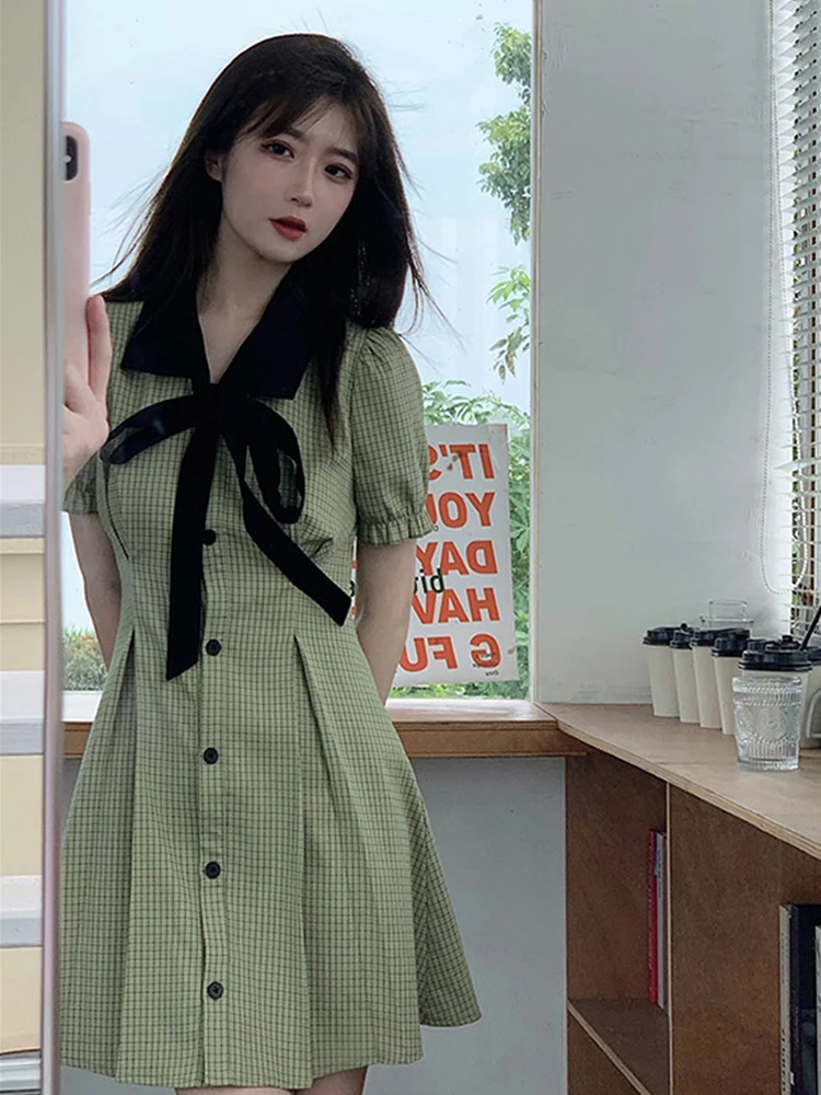Летние платья для женщин 2022 года, сладкий зеленый клетчатый узелок с завязками, короткие рукава, мини-платье в стиле преппи с А-образным силуэтом.
