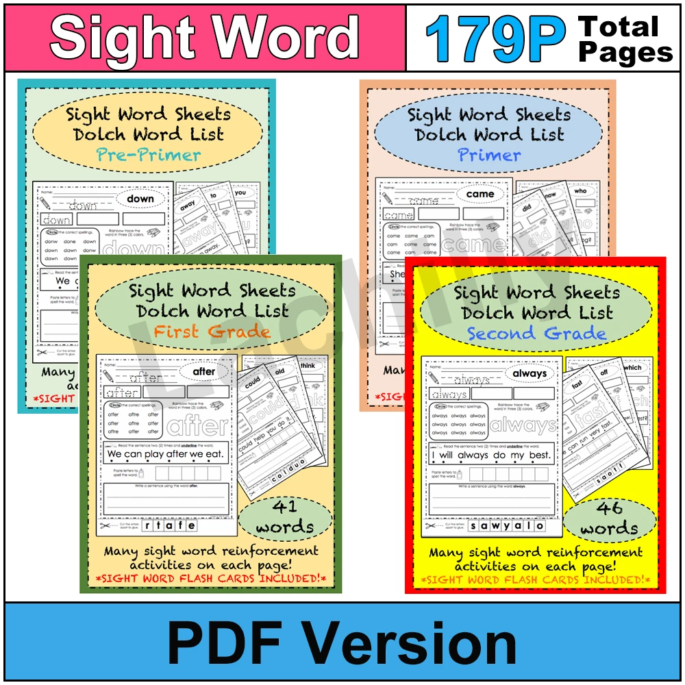 

179 Pages Kids Sight Word Worksheets Practice for Kindergarten Learn English Education Toys Workbook Children Study