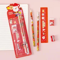 cute christmas stationery set childrens student pencil gift box five pencil sharpeners ruler pencil eraser stationery supplies