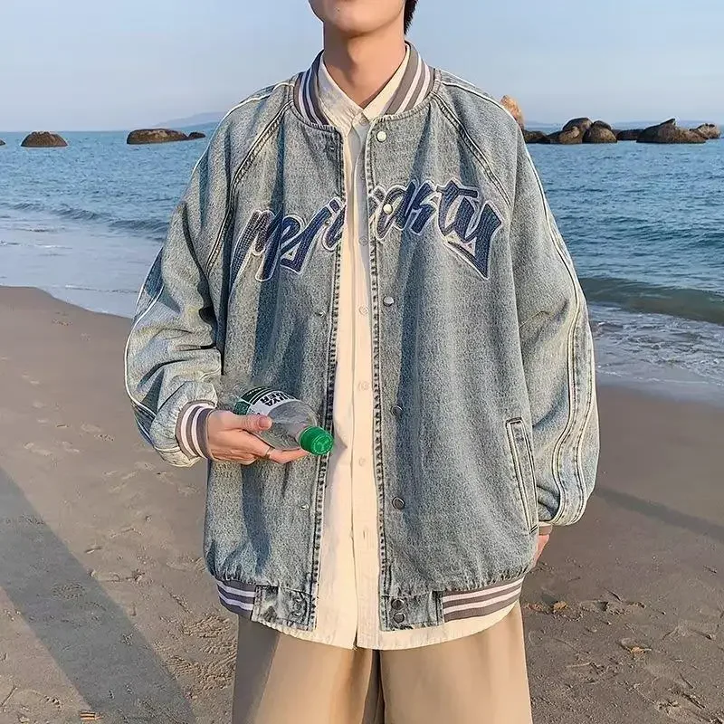 Мужская джинсовая куртка с вышивкой повседневный спортивный стильный свободный