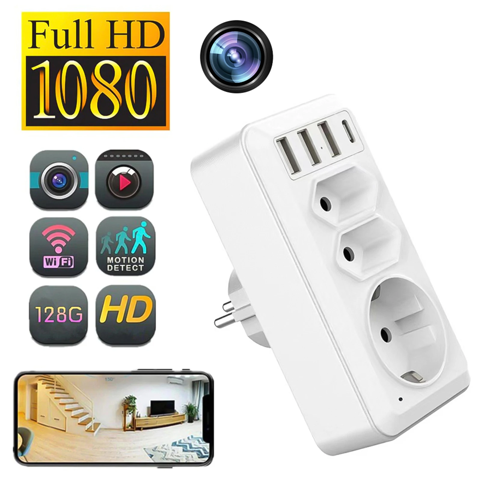 

1080p Hd Wifi Camera Wall Socket Camcorder Portable Home Security Cam With Usb Type-c Interface EU Plug