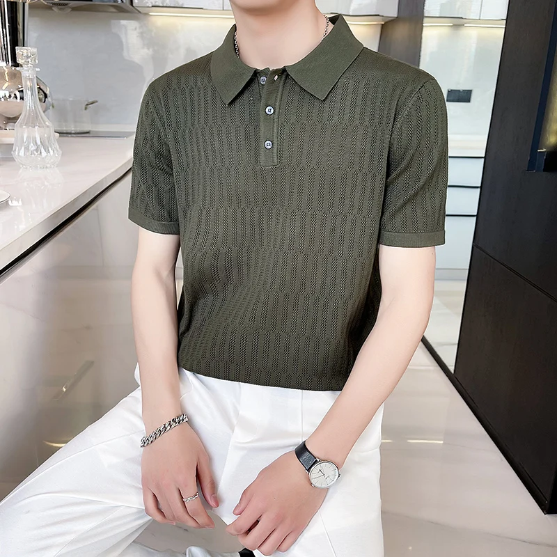 

Summer Ice Silk Texture Breathable Cool Mesh Fabric Knitted High Quality Slim Fit Polo Shirt Short Sleeve Solid Color T-shirt