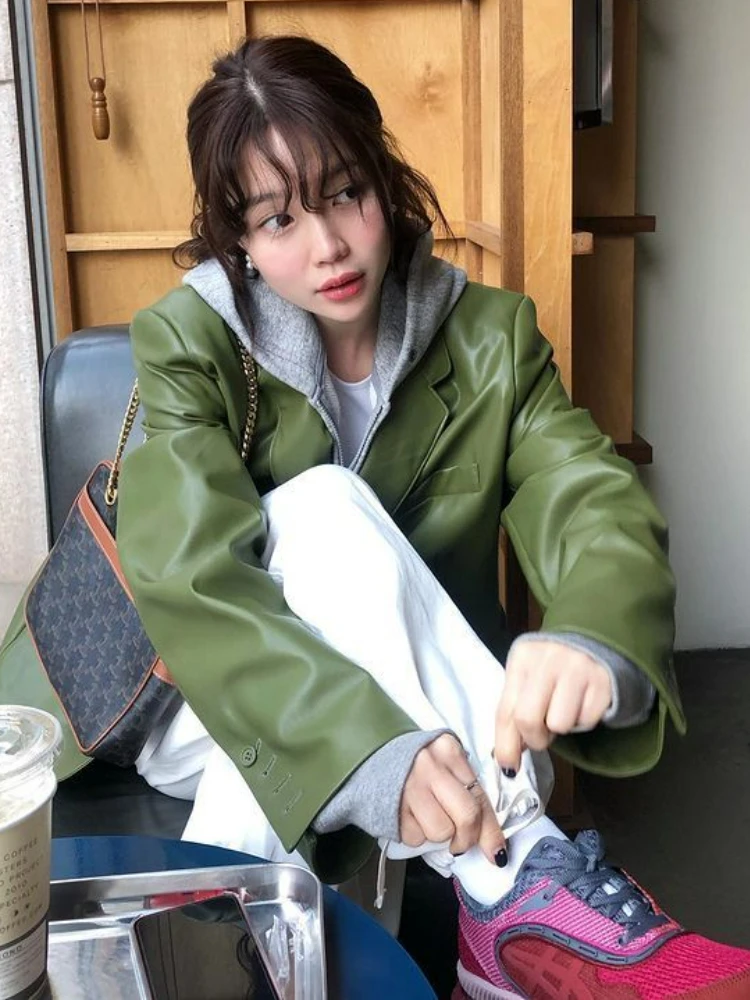 Autumn Korean Leather Jacket Women 2022 Winter Thin Notched Casual Biker Moto Leather Coat Female Streetwear Button PU Chic Tops