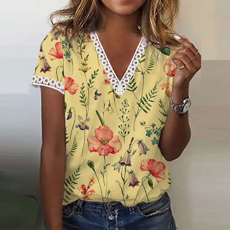 Vintage Women Fashion Floral Print Crochet Lace V-Neck T-Shirt 2022 Summer New Short Sleeve Loose Tops Tee |