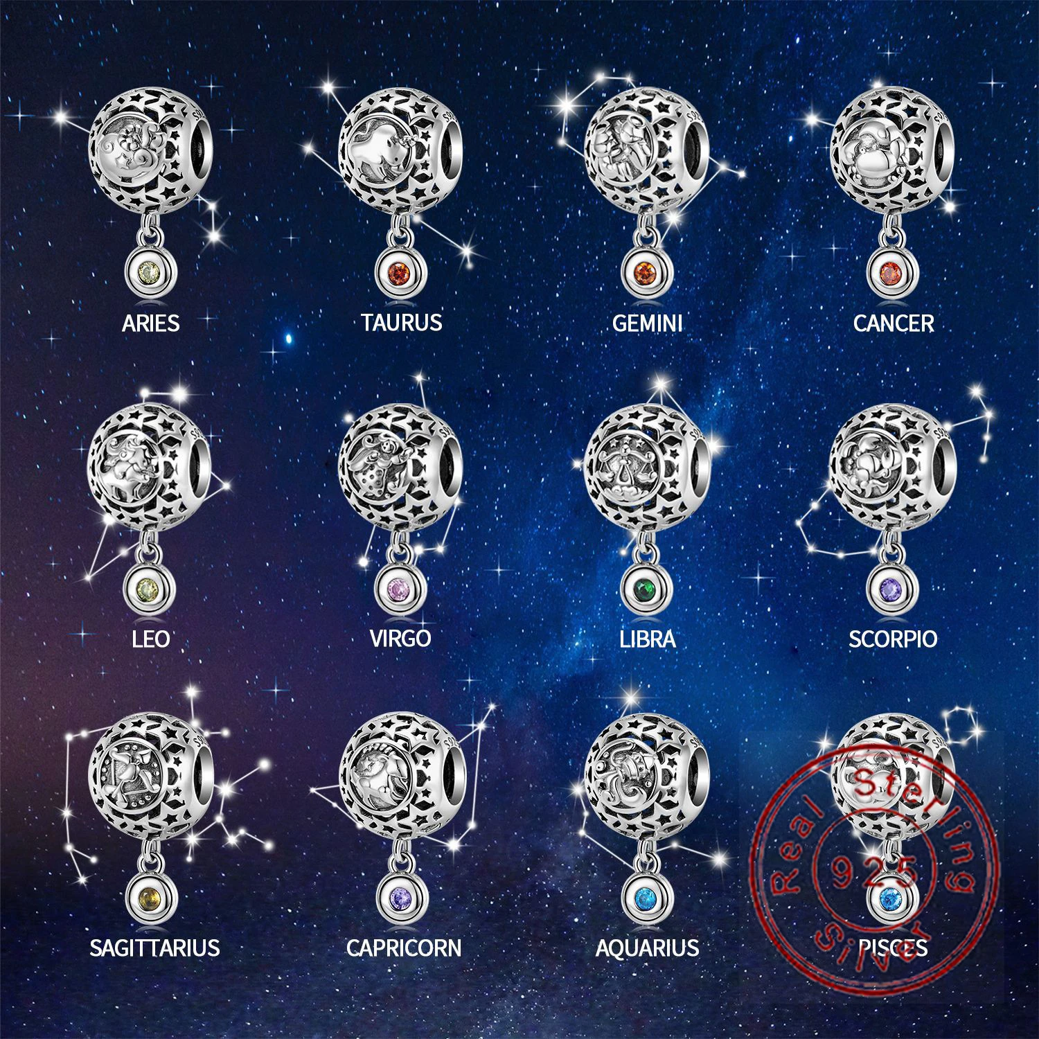 

Authentic European Fine 925 Sterling Silver 12 Constellations DIY Charm For Original PD Women Bracelet Necklace Chain Jewelry