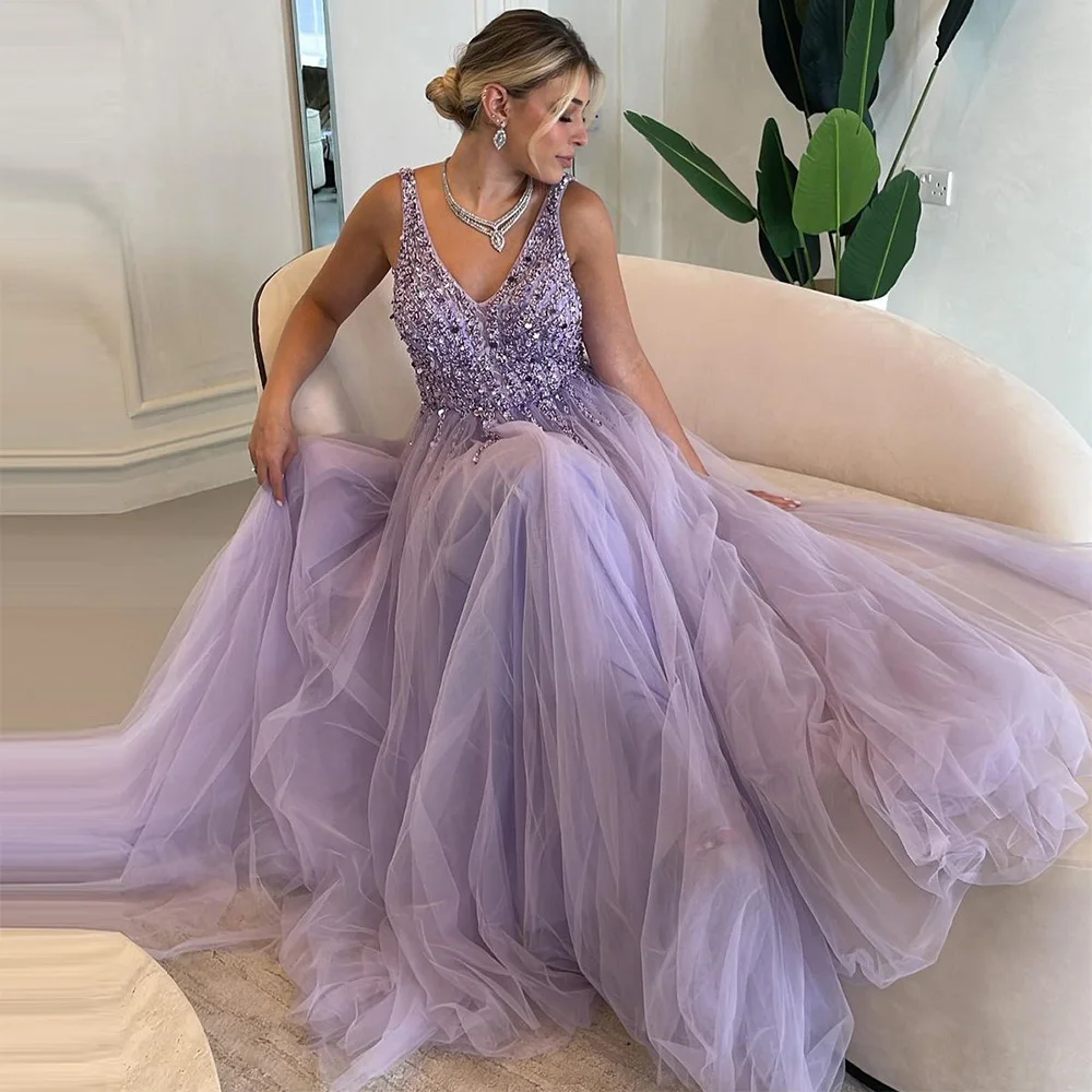 

Xijun Lilac Saudi Arabic Beadings Crystal Evening Dresses V-Neck Sleeveless Open Back A-Line Prom Dress Formal Party Gown 2023