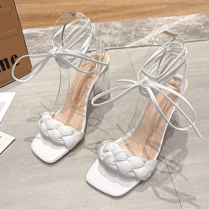 

2022 New Summer Ladies Sandals Transparent Fancy Fashion Design Woven High Heels Ladies Sandals Open Toe Shoes 1