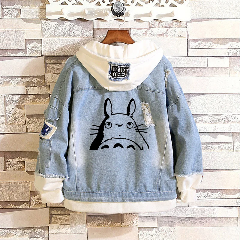 

Джинсовая куртка My neighbor Totoro для мужчин и женщин, жакеты в стиле аниме Харадзюку, джинсовые куртки с капюшоном, с рисунком призрака, одежда в с...
