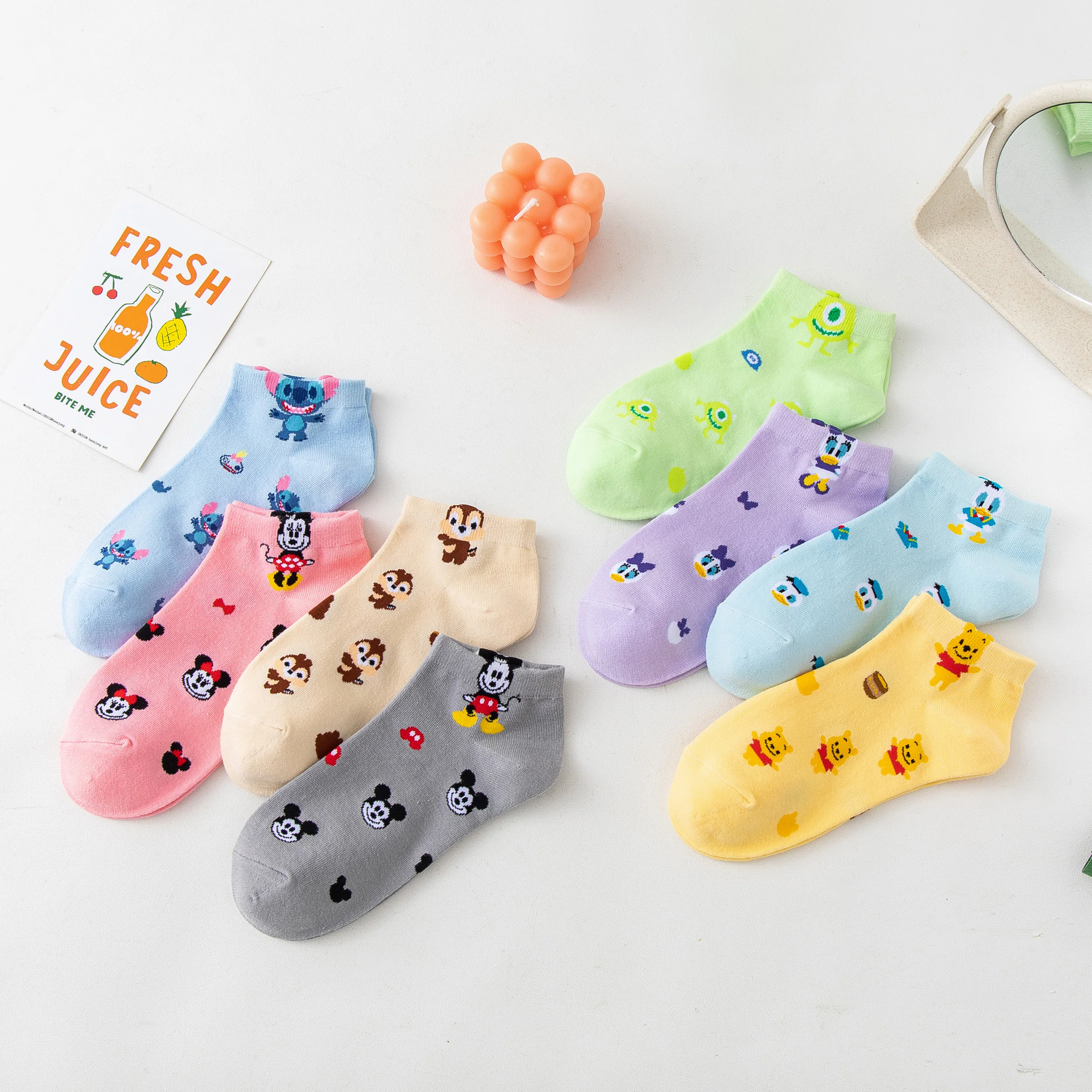 

2022 New Disney Women Socks Cartoon Mickey Minnie Winnie Daisy Donald Stitch Cotton cute Ankle socks Funny Short sock size 35-4