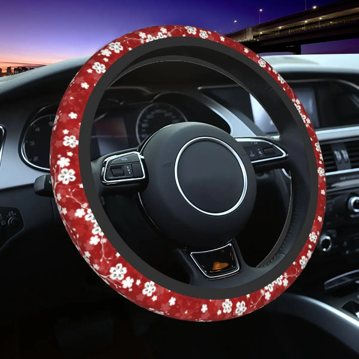 

Red And White Cherry Blossom Sakura Auto Car Steering Wheel Cover Floral Flowers Universal Steering Wheel Protector for Sedan