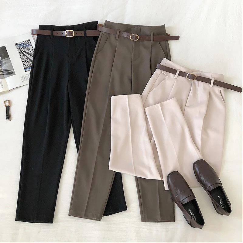 

Lucyever Korean Style Work Suit Pants Women Fashion with Belt High Waist Harem Pants Ladies Summer Ankle Length Casual Trousers
