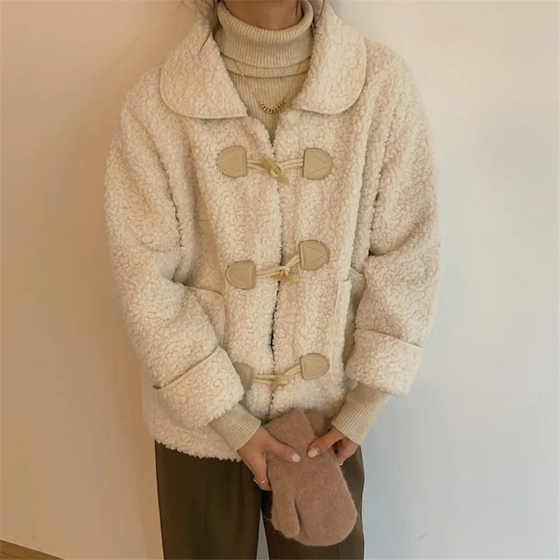Kawaii New Autumn Winter Faux Lambwool Coat Women Solid Horn Button Fur Jacket Fashion Loose Lapel Thick Warm Plush Coats White