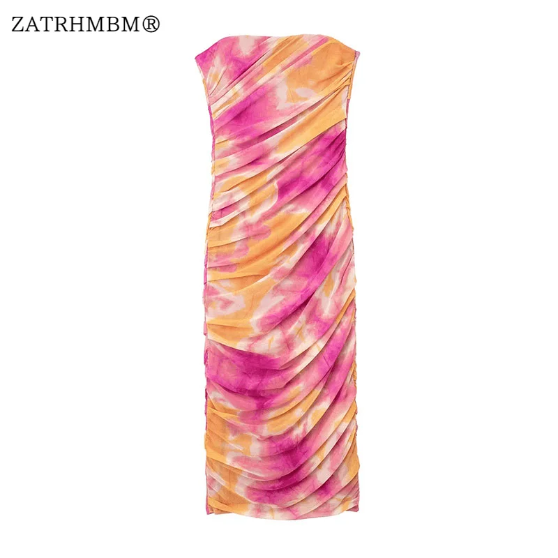 

ZATRHMBM женское летнее модное Тюлевое платье миди с принтом винтажные сексуальные женские платья без бретелек с боковой молнией Vestidos Mujer 2023