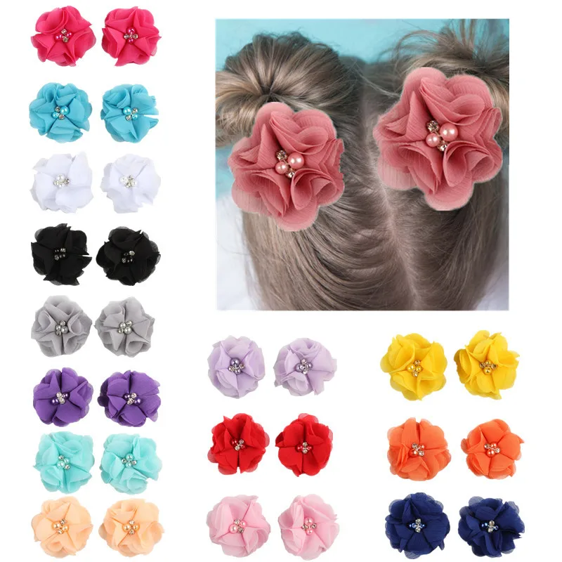 

1Pair Kids Girls Mini Chiffon Flowers with Pearl Rhinestone Hair Clip Barrettes Hairpin Cute Fashion Hair Accessories Children