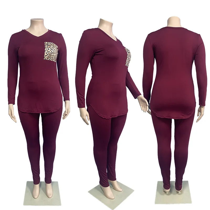 Plus Size Women Clothing Fashion 5xl Long Sleeve Top and Pants Leopard Loungewear Knit Two Piece Set Wholesal 3xl 4xl 5xl 6xl