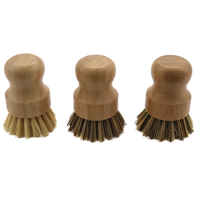 

Palm Pot Brush- Bamboo Round 3 Packs Mini Dish Brush Natural Scrub Brush Durable Scrubber Cleaning Kit For Cleaning Pots, Pans A