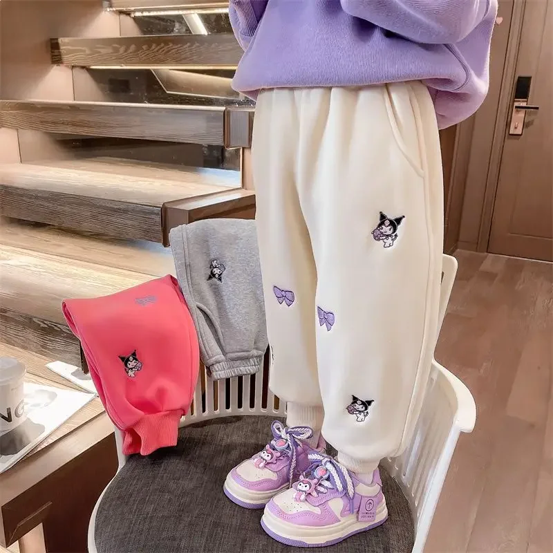 Милые бархатные брюки Sanrio kawaii Kuromi с вышивкой для девочек на осень и зиму модные