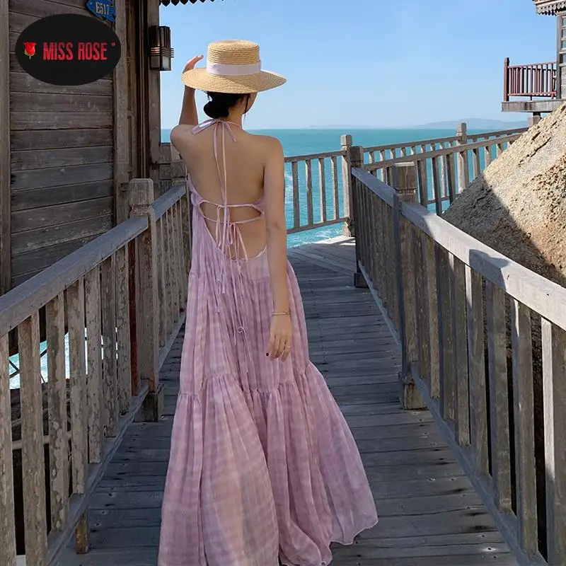 

Maldives Island Beach Holiday Pink Plaid Long Maxi Dress Women Bohemian Big Swing Beauty Back Halter Sexy Sundress Robe Vestidos