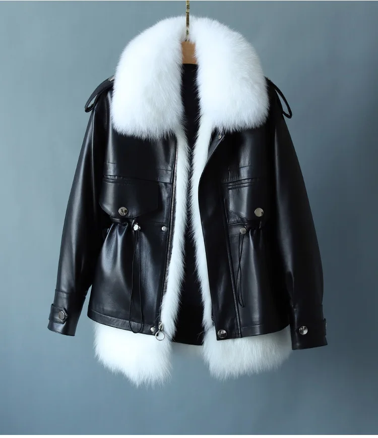 

2023 Genuine Leather Jacket Women Winter Sheepskin Coat Female 90% White Duck Down Jackets Fox Fur Collar Abrigo Mujer