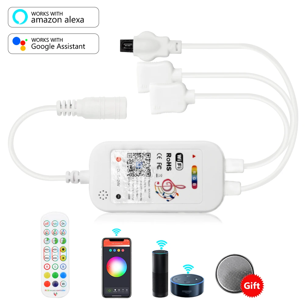 

LED WiFi Remote Controller Works With Alexa/Google Voice Control For 5050/3528/2835 RGB LED Strip Lights Change/Dimmer/Timer