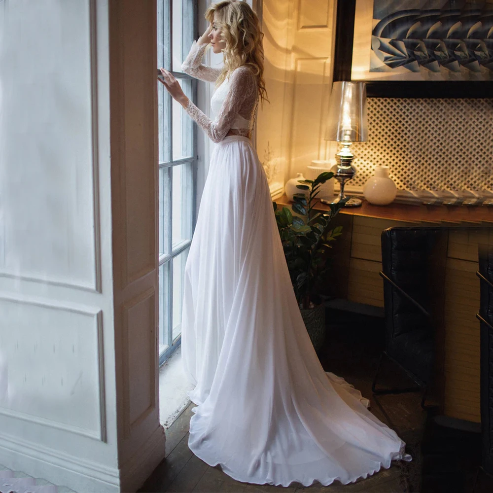 

Pmwrun Two Piece Long Sleeve Wedding Dress O-Neck Sexy Illusion Lace and Chiffon A-Line Bride Floor Length with Sweep Train Gown