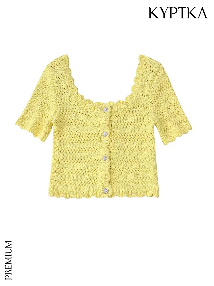 

Женский трикотажный свитер KYPTKA, белый винтажный пуловер с круглым вырезом и коротким рукавом, на пуговицах,