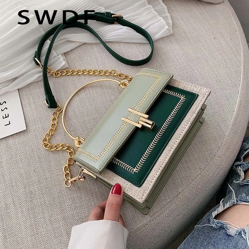 

SWDF Contrast Color Pu Leather Crossbody Bags for Women 2023 Chain Messenger Shoulder Bag with Metal Handle Lady Tote Handbags