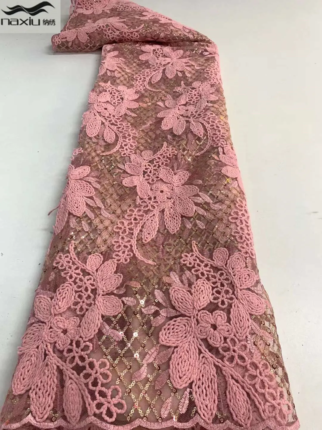 

Madison African Fabric Lace 2022 High Quality Nigerian Tulle Lace Fabrics Latest French Net Pink Fabric With Sequins For Wedding