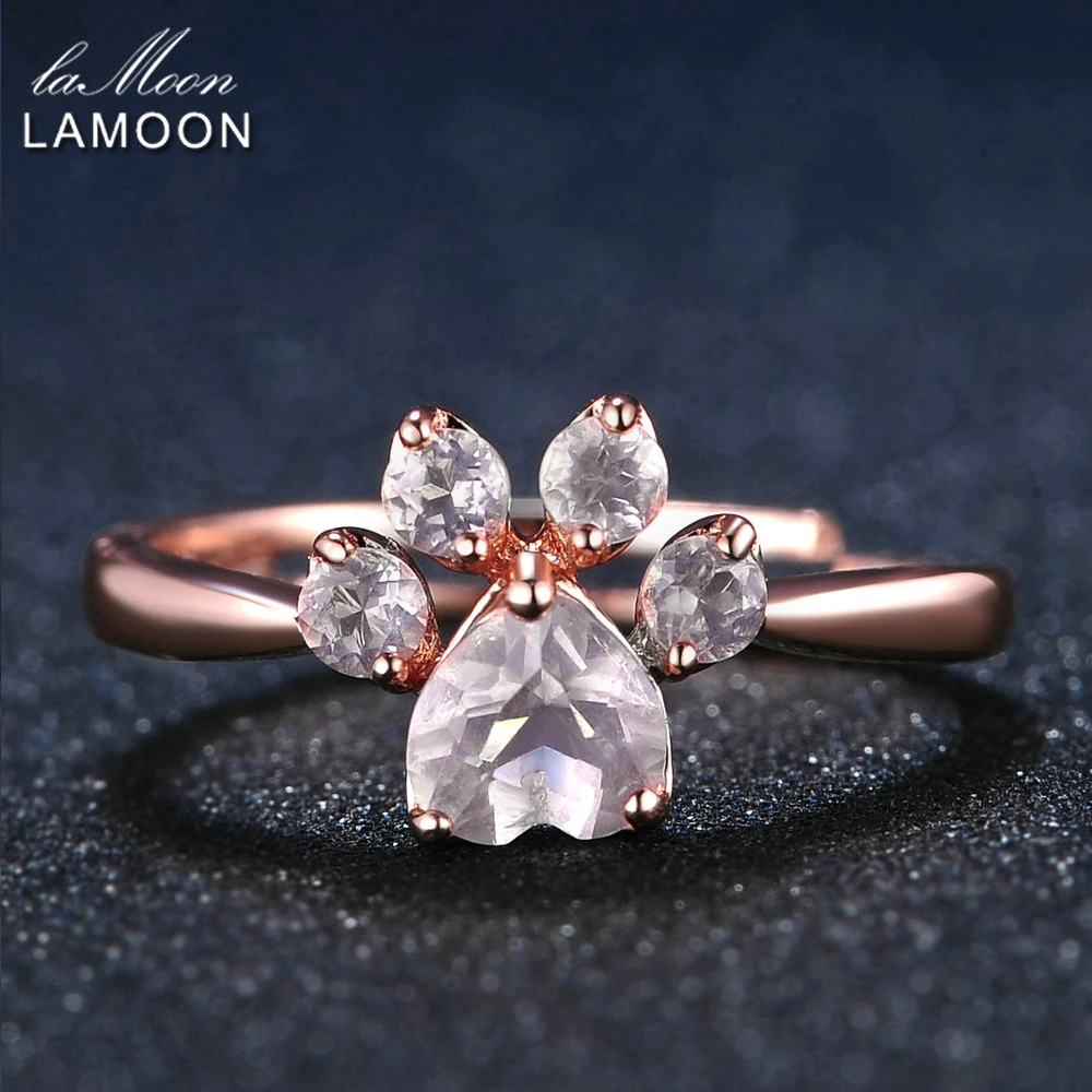 

LAMOON 925 Sterling Silver Ring For Women Bear Paw Rose Quartz Gemstone 18K Rose Gold Adjustable Ring Fine Jewelry RI027-2