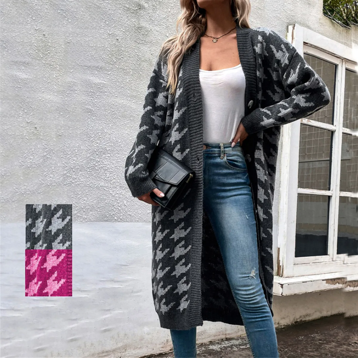 

Autumn and Winter New Long Houndstooth Breasted Sweater Cardigan Coat Women knitted cardigan women oversized