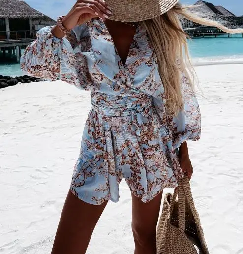 

Jumpsuit Women 2023 Summer New Casual Fashion Print V-Neck Bat Sleeve Long Sleeved Tie Up Jumpsuit Shorts Set Beach Vacation