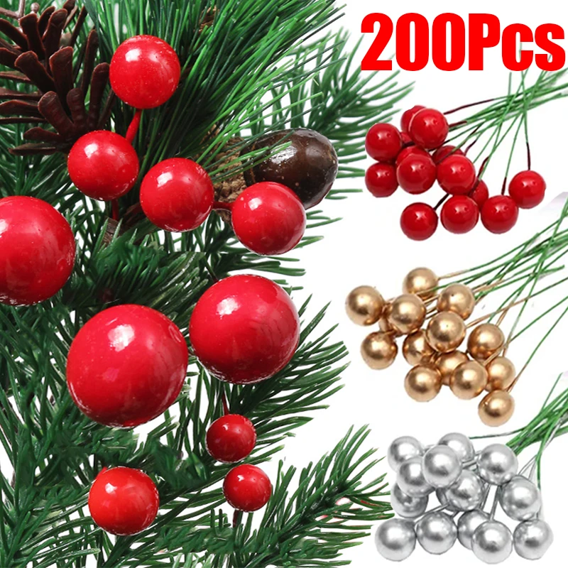 

50/200Pcs Artificial Berry Red Gold Cherry Stamen Christmas Mini Fake Berries Simulation Pearl Beads Wreaths Wedding Xmas Decor