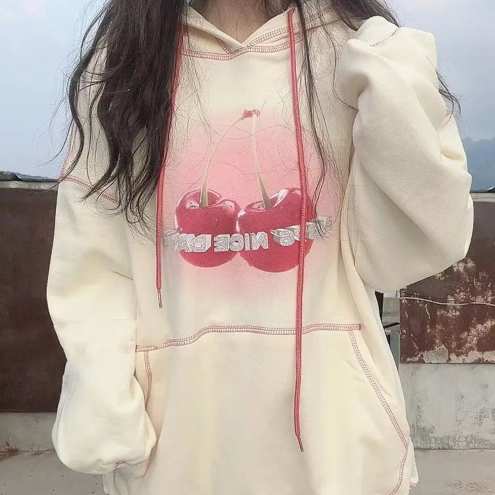 

Cute Fruit Cherry Print Bright Line Decoration Apricot Hoodies Women Oversized Sweatshirt Kawaii Clothes Korean Fashion Teenage