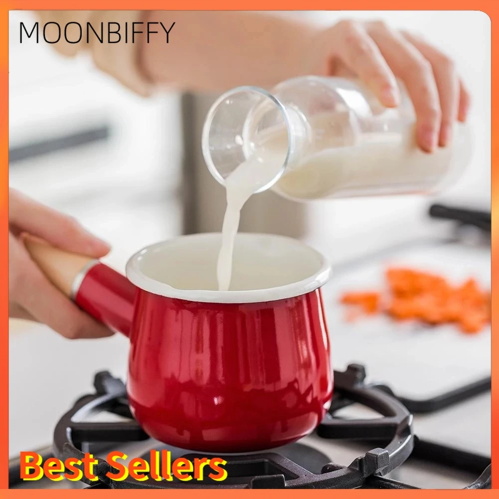 

500ml Mini Enamel Coffee Milk Pot with Wooden Handle Saucepan Cookware for Baby Breakfast Oatmeal Cooking Gas Stove Induction