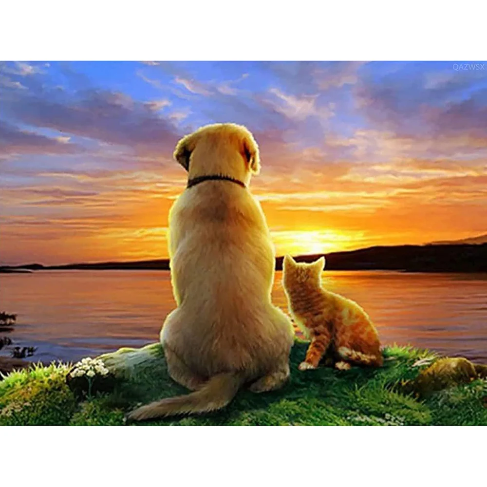 

5D DIY Sunset Dog and Cat Diamond Painting Full Diamond Set Adhesive Paint Band Gemstone Set Art Balcony Garden Decoration