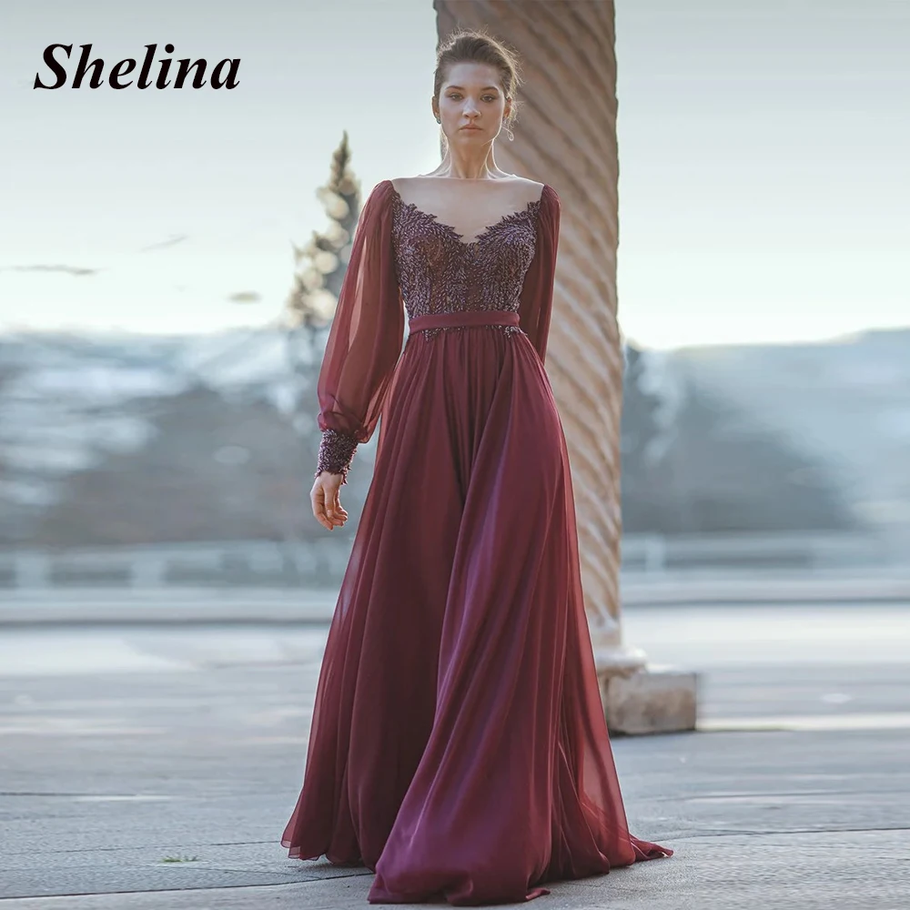 

Классические платья Shelina для выпускного вечера, шифоновое платье с круглым вырезом, рукавами-фонариками, аппликациями, трапециевидной формы, на пуговицах, на заказ