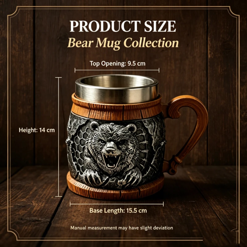 Кружка для пива Viking Wild Bear: резиновая, с тиснением, деревянной изогнутой ручкой, внутренней колбой из нержавеющей стали. Идеально для бара, коктейлей, виски. Отличный подарок на день рождения. (art.: 3920db76aa600) - 3920db76aa600