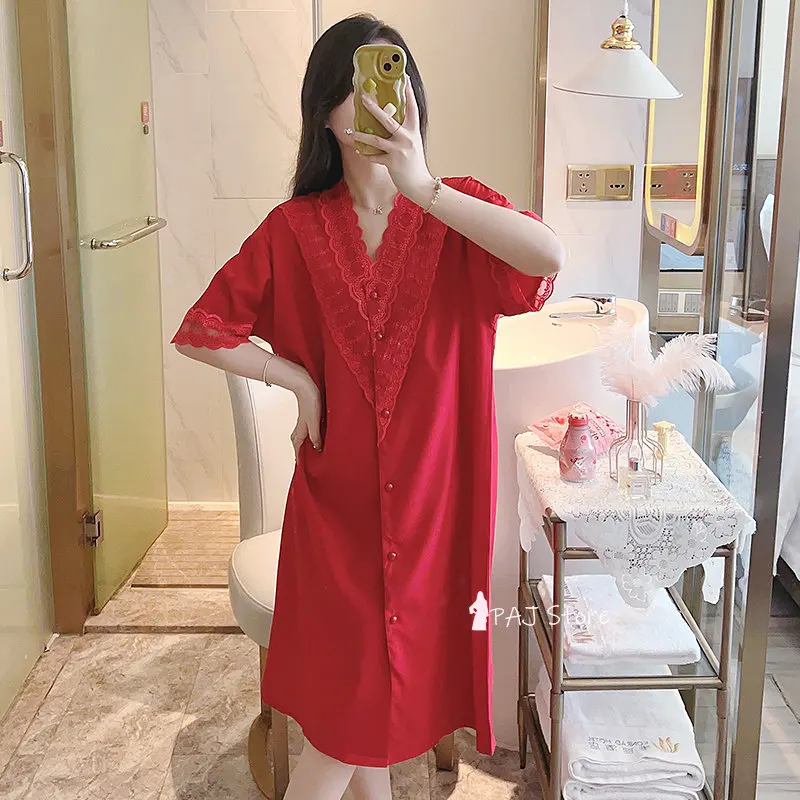 

Women Nightwear Home Clothes Nighty Plus Size Satin Nightdress Sleepwear Lace Nightshirts Silk Sleepshirts Nightgowns M-5XL