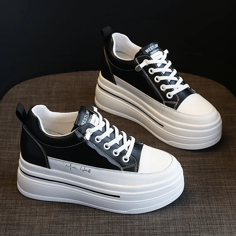 2023 New Fashion 7cm New Genuine Leather Women Sneakers Chunky Platform Wedge Breathable Summer Vulcanize Hidden Heels Shoes