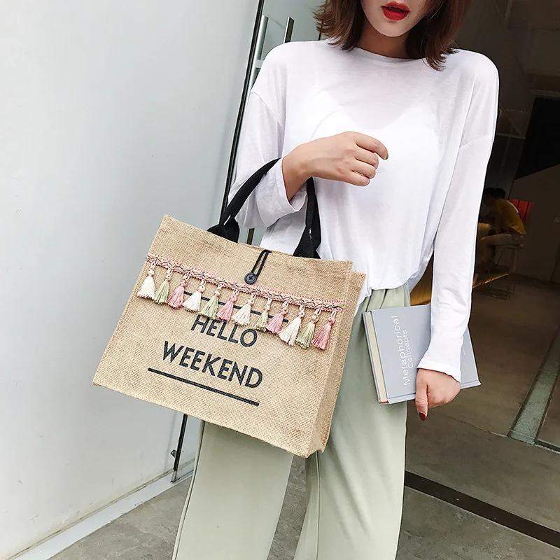 

Women Handbags Large Capacity Letter Linen Totes Lady Tassel Shoulder Bag Summer Beach BagsCasual Girls Travel Shopping Bag