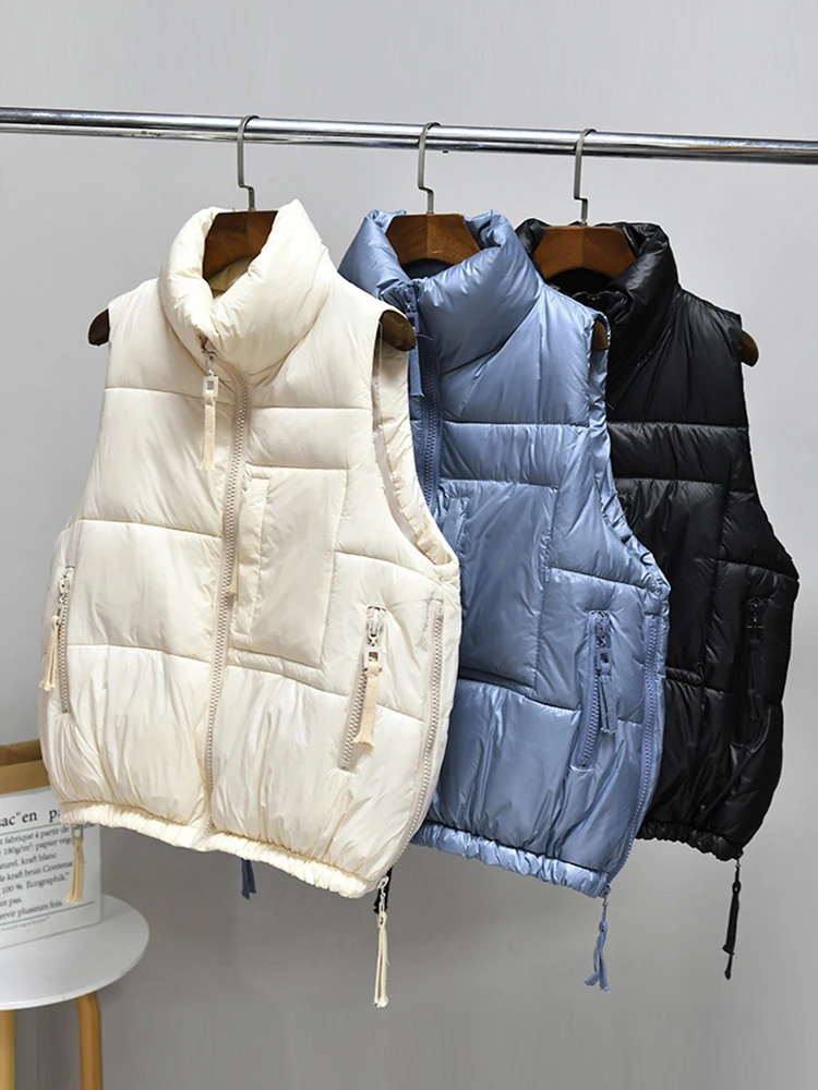 

New Winter Warm Waistcoat Sleeveless Coat Women Loose Down Cotton Vest Fashion Stand Collar Sleeveless Jacket Pockets Vests