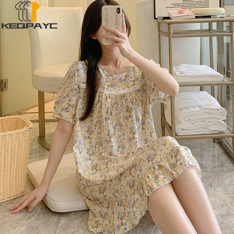 New Women's Sweet Nightgowns Spring Summer Women Fashion Short Sleeve O-neck Floral Thin Loose Dress Sleepwear Casual Pajamas