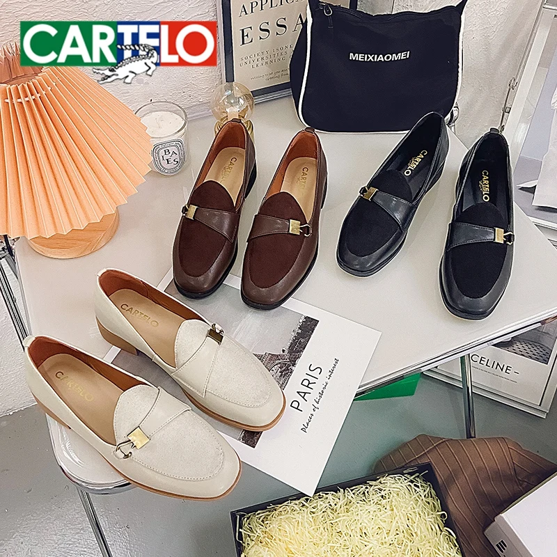 CARTELO Fashion Metal Hook Shoes Women Flats Suede Casual Loafers 2023 Spring New Designer Women Pointed Toe Shallow Boat Shoes