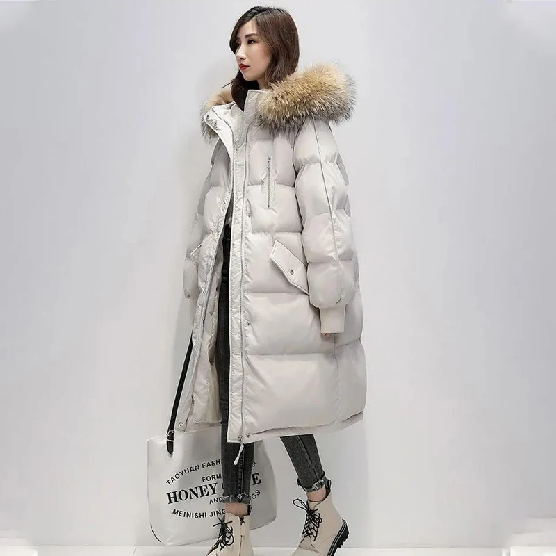 

Women's Winter Long Down Cotton Jacket Korean Stye Large Fur Collar Hooded Thick Parkas Warm Loose Clothing Women Coat 2021