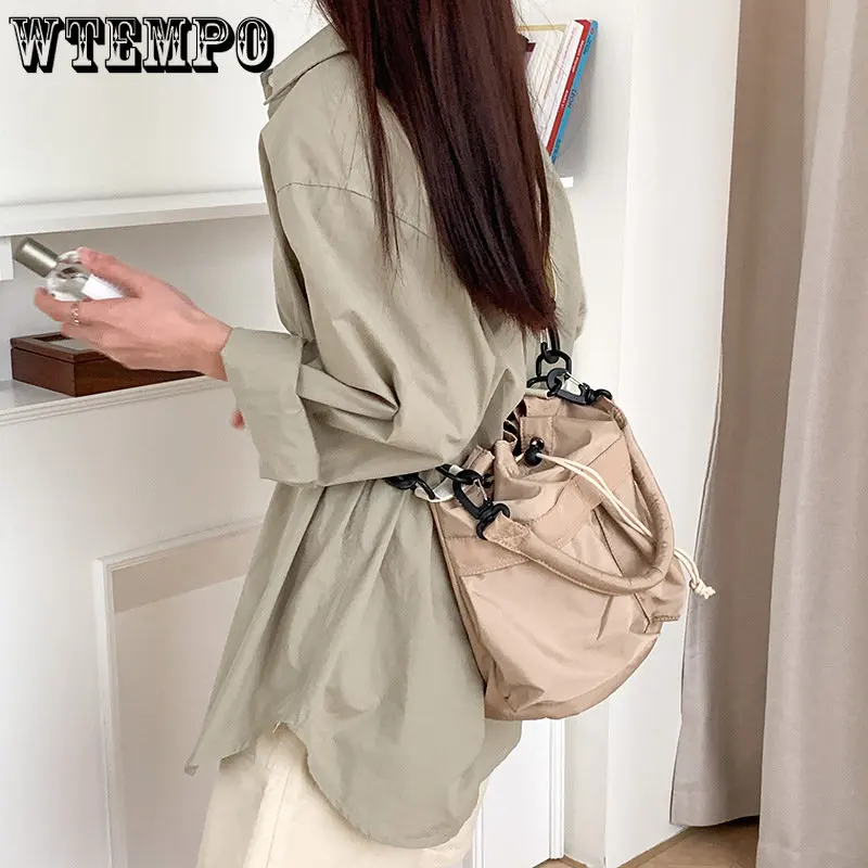 Large Capacity Nylon Women Bag Middle Shoulder Bag Korean Style Drawstring Bucket Bag Casual Light Youth Crossbody Bag Wholesale