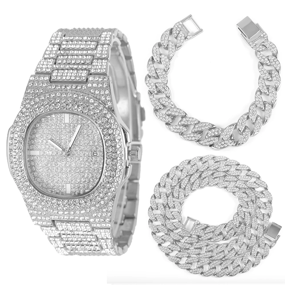 Золотое ожерелье + часы браслет хип-хоп МАЙАМИ кубинская цепь со сверкающими