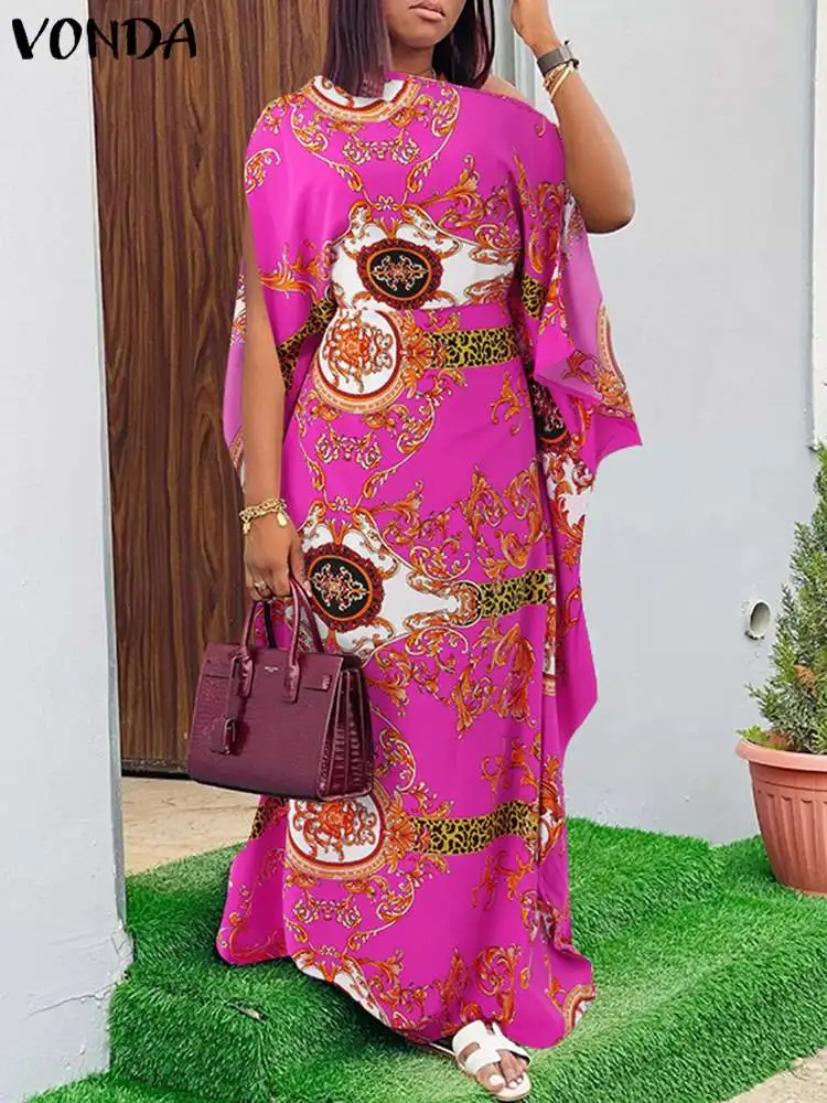 

VONDA Women Sexy One Shoulder Dress 2022 Vintage Printed Long Sleeve Party Dress Bohemian Vestidos Oversized Sundress Robe Femme