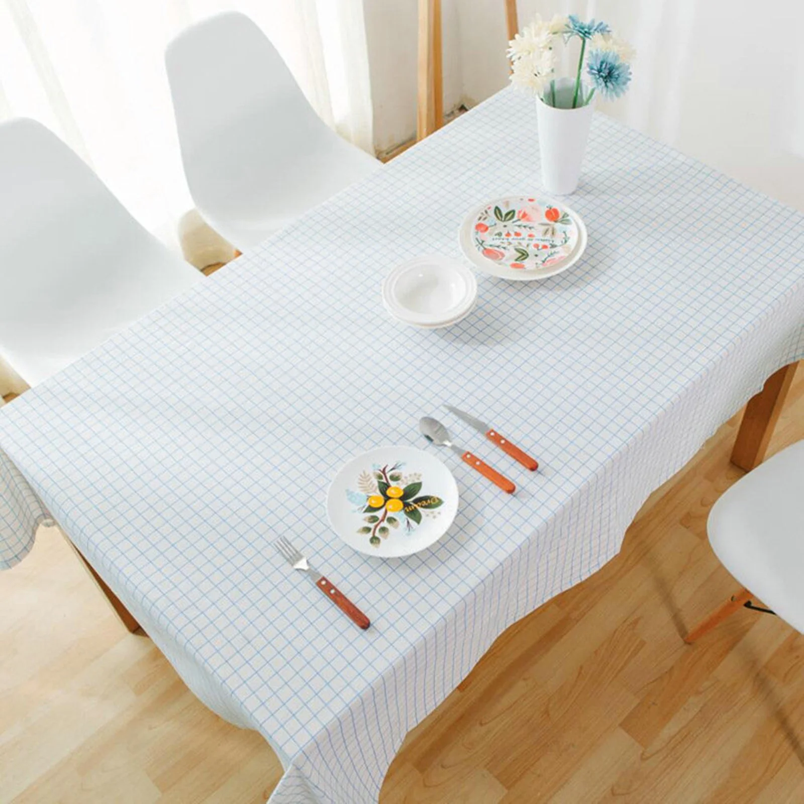 

Cotton Tablecloths, Waterproof Table Covers Grid White Blue Dining Table Coffee Table Deco