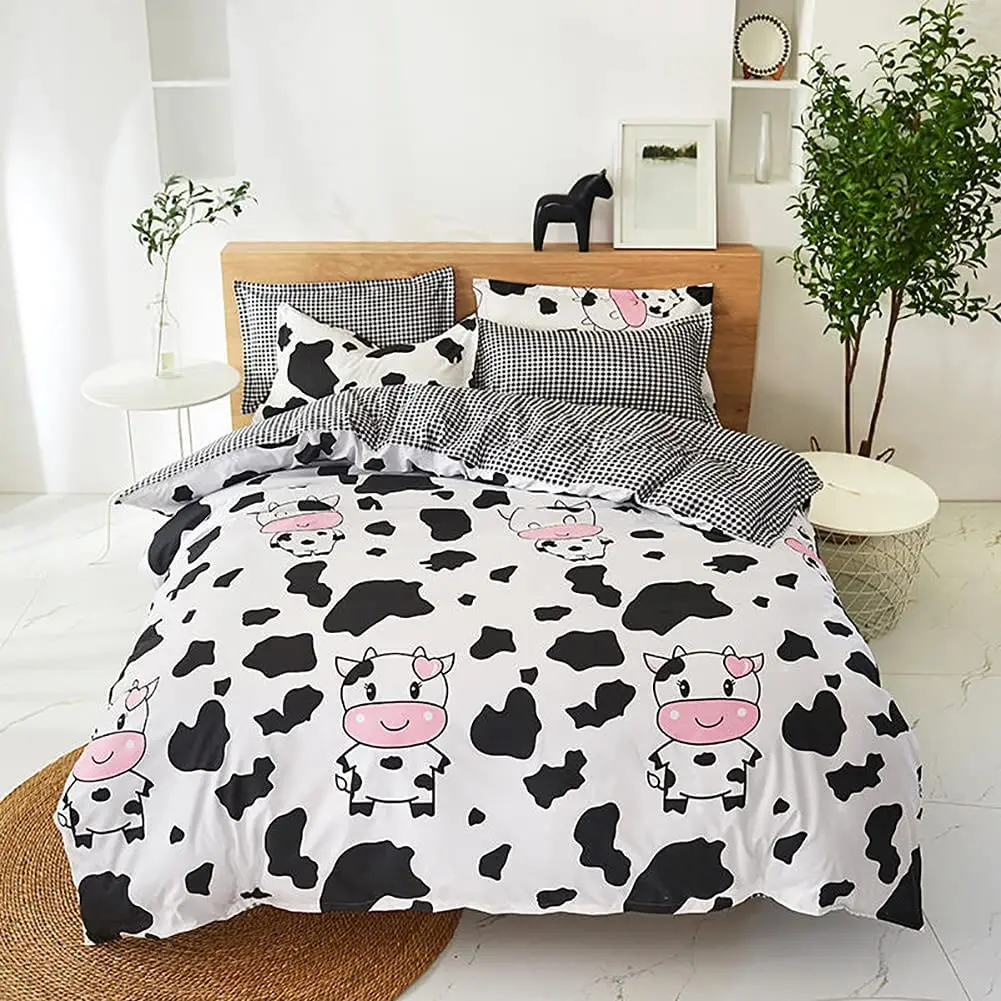

3PCS Cow Print Duvet Cover Black pattern Bedding Set Soft Comforter Cover with Zipper Closure White Quilt Cover & Pillowcases